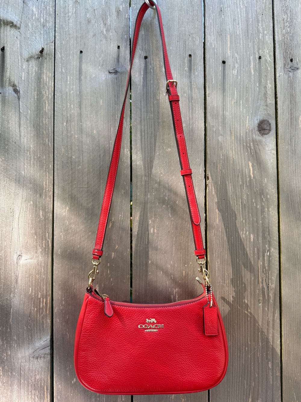 Coach Red Pebble Leather Crossbody an shoulder strap with Gold Hardware